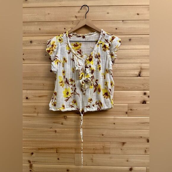 Free People One Size Small Naya Printed Floral Ruffle Sleeve Tie Bottom Hem - Picture 1 of 13